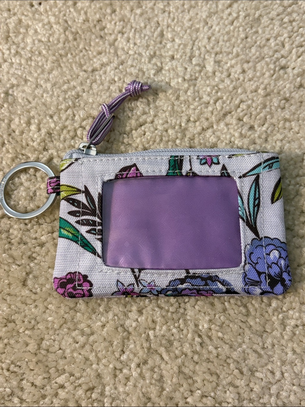 Vera Bradley Floral Pattern Lavender Zip ID Card Holder Keychain - NWOT